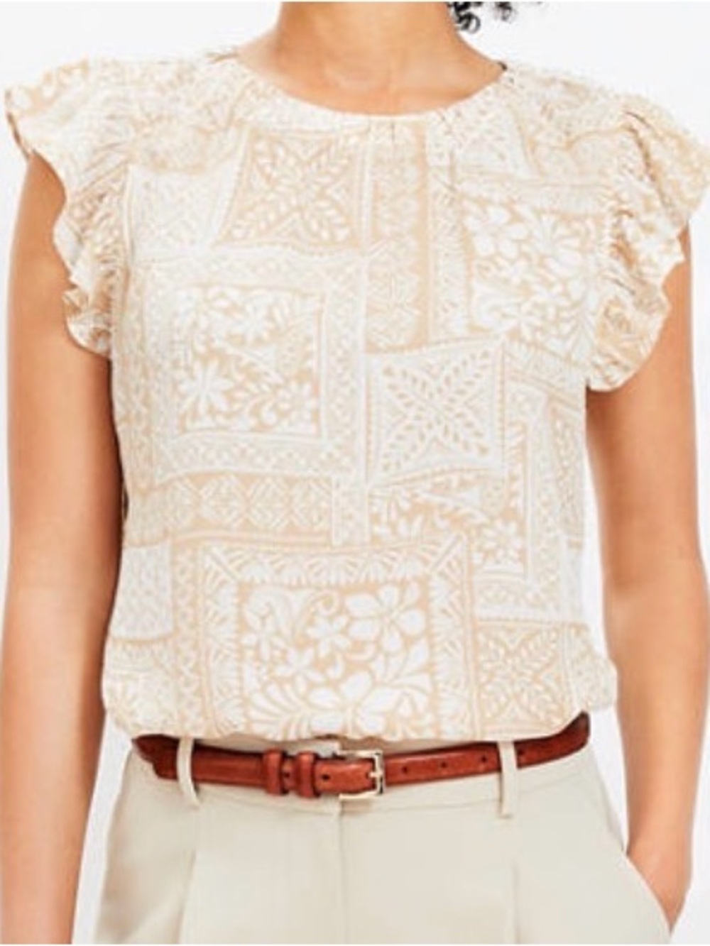 LOFT Cream Printed Flutter Sleeve Blouse